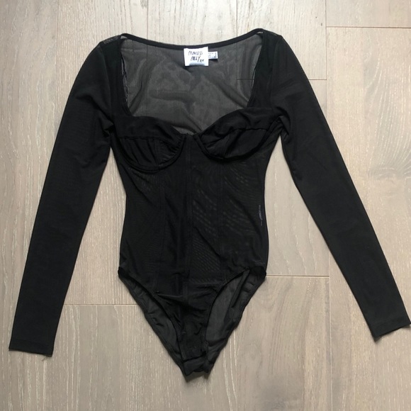 Princess Polly Tops - Princess Polly Bodysuit Size 2 (US) Black Corset Sheer Mesh Long Sleeve